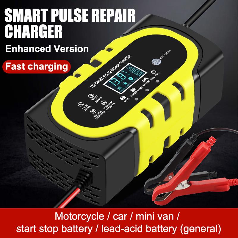 汽车摩托车12V10A电瓶充电器 跨境多功能智能脉冲修复蓄电池厂销