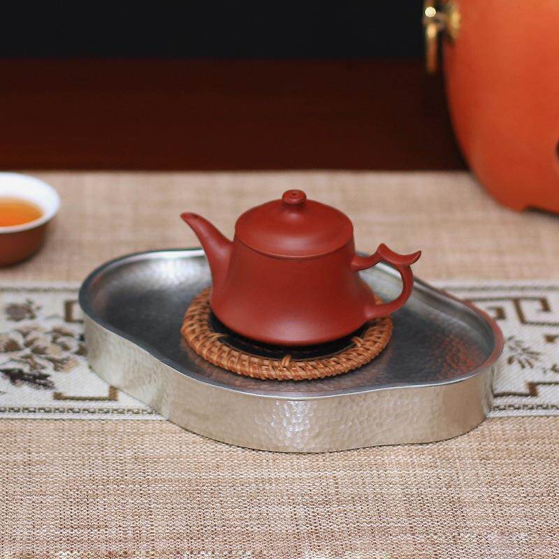 手工锡茶盘圆形壶承茶托干泡台紫砂壶养壶小茶船茶池潮州工夫茶具