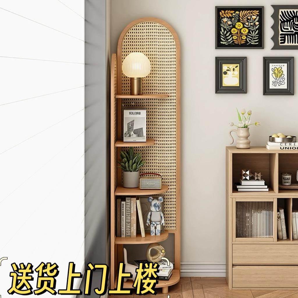 复古实木藤编转角置物架落地柜子卧室客厅拐角三角沙发边书架收纳