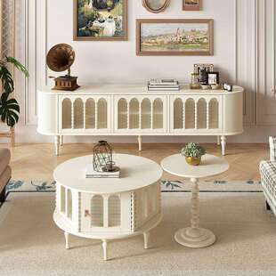 奶油风烤漆收纳茶几FAS级桦木全实木高端电视柜小户型法式下翻门