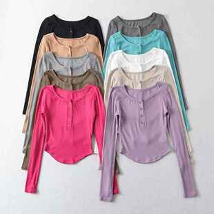 辣妹半开扣圆领弧形边长袖T恤打底衫女 纯色弹力修身显瘦内搭上衣