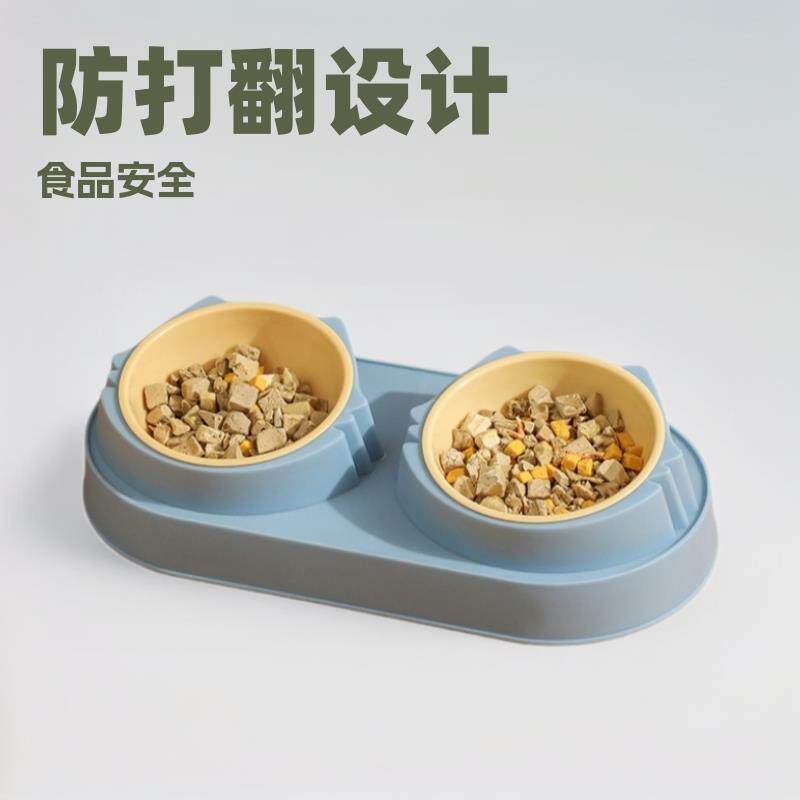 跨境新款宠物碗双碗猫脸防打翻不锈钢宠物碗可爱猫饭盆猫碗