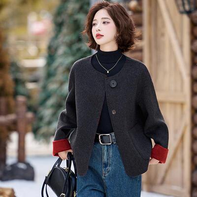 双羊面呢毛外套女秋冬20松25年新ZYI86305高级感气质宽圆领休款闲