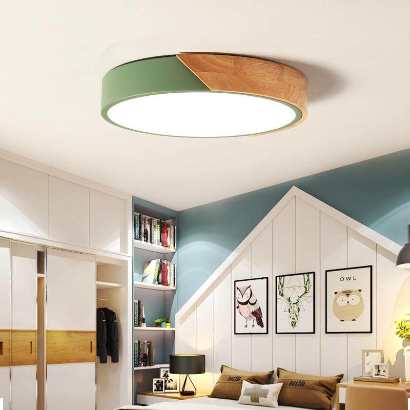 北欧简约客厅吸顶灯现代超薄圆形原木卧室灯马卡龙led智能吸顶灯