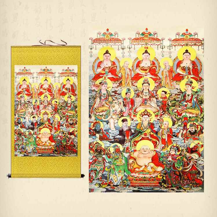 全堂佛丝绸卷轴画众佛图满堂佛挂画佛像家用客厅玄关全佛图装饰画