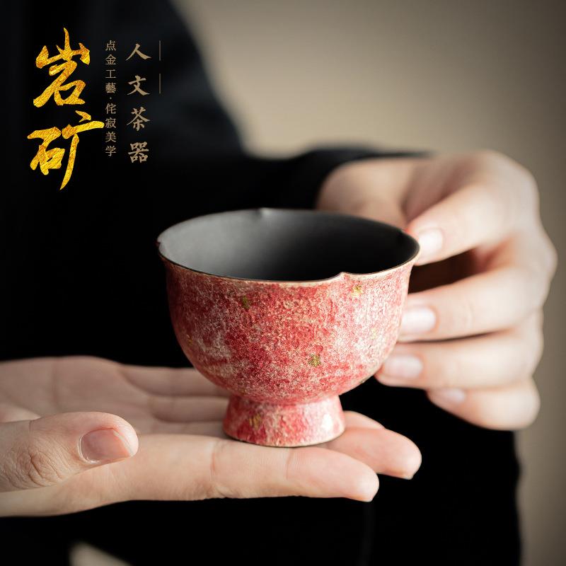 岩矿彩陶花口高足杯中式陶瓷手工喝茶杯品茗杯个人专用茶盏单杯