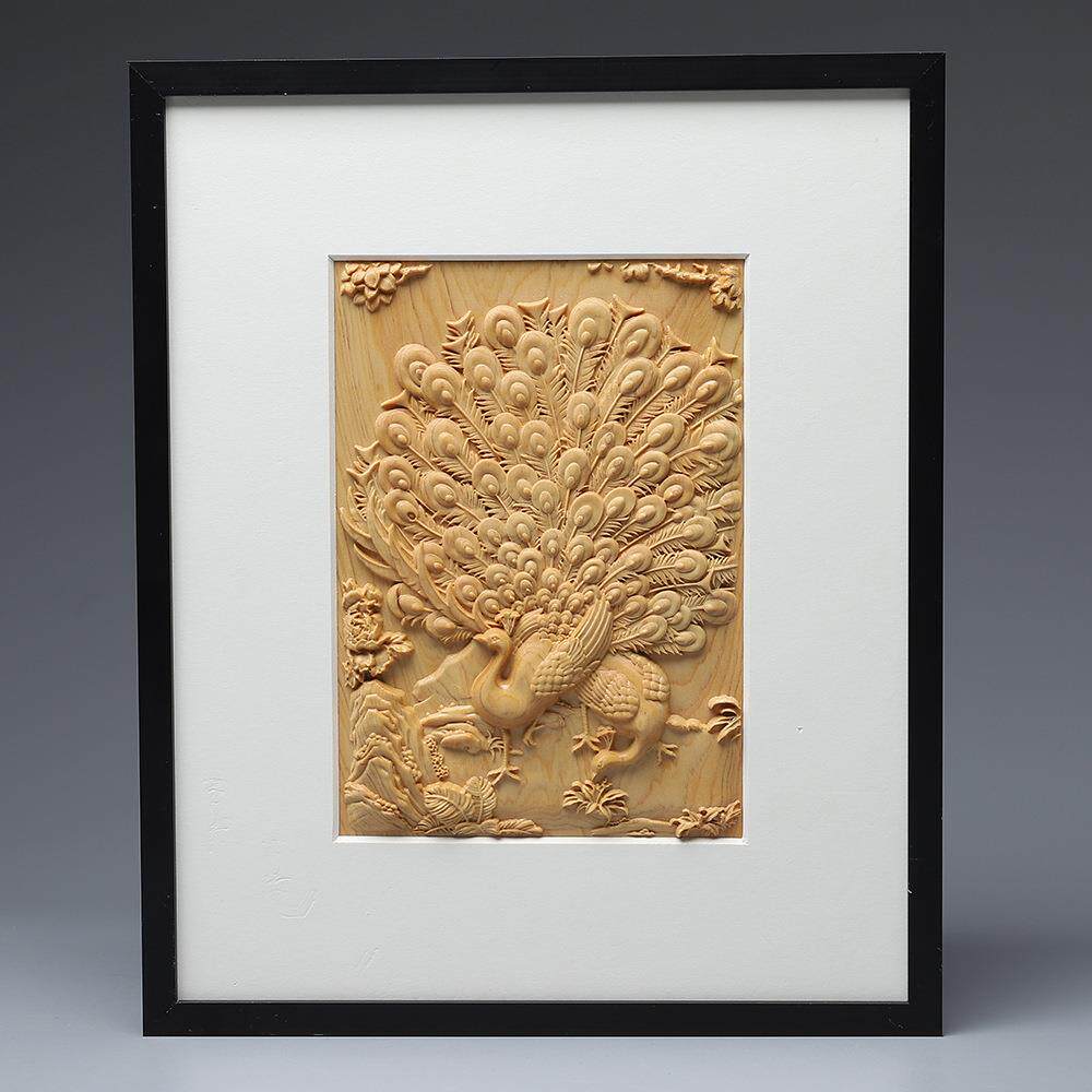 崖柏新中式孔雀开屏挂画客厅玄关装饰画浮雕画现代壁画餐厅工艺品