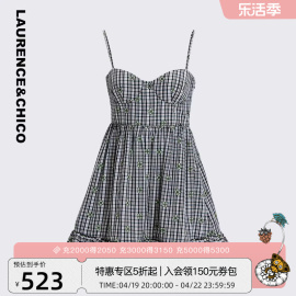 Laurence&Chico 连衣裙绿色格子小花吊带裙女短裙2023春夏L&C