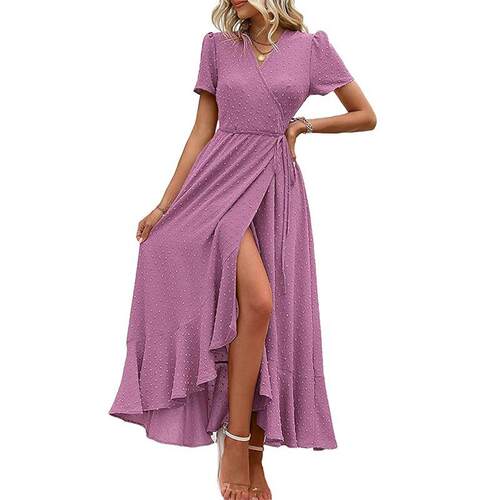 Women'S Summer Wrap Maxi Dress Casual Polka Dot V Neck Short