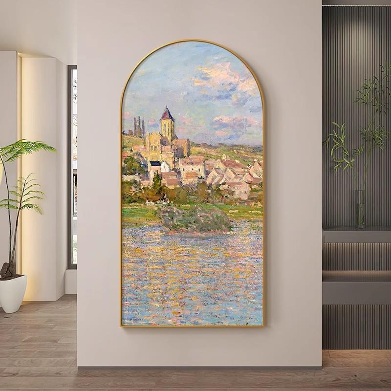 法式入户玄关装饰画竖版过道走廊拱形挂画印象派莫奈名画日出睡莲