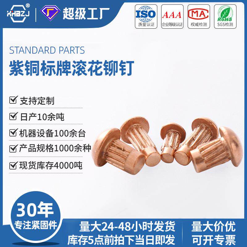 紫铜标牌铆钉全铜材质4.8级滚花直纹铭牌商标钉抛光GB827厂家图片