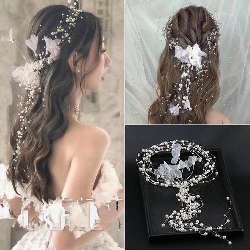 Handmade pearl flower garland headband with fabric,