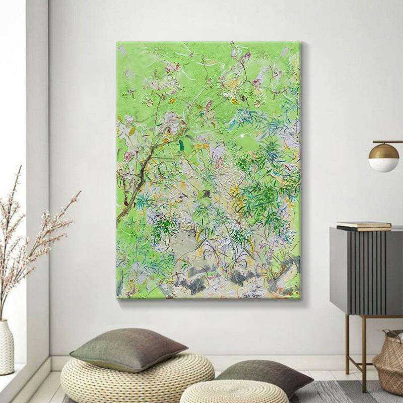 花卉肌理挂画感客厅装饰画植物纯手绘油画玄关画抽象大气绿色