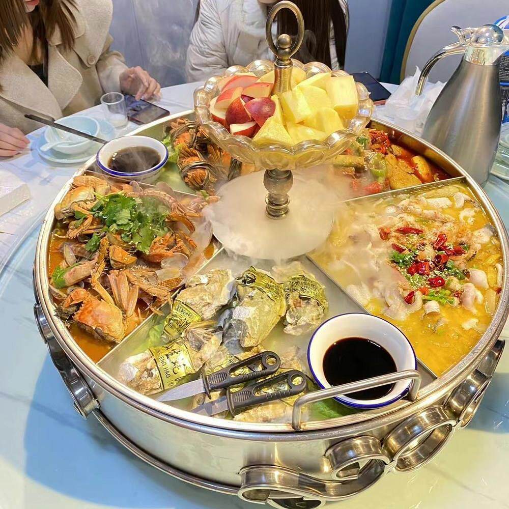 海鲜大咖盘龙虾盘不锈钢海鲜锅餐厅饭店创意拼盘圆形家用加热盘子