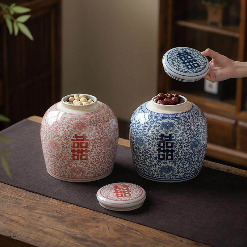 覆古青花喜字陶罐，婚礼饰品，防潮储物罐，古典节日花瓶，古架装