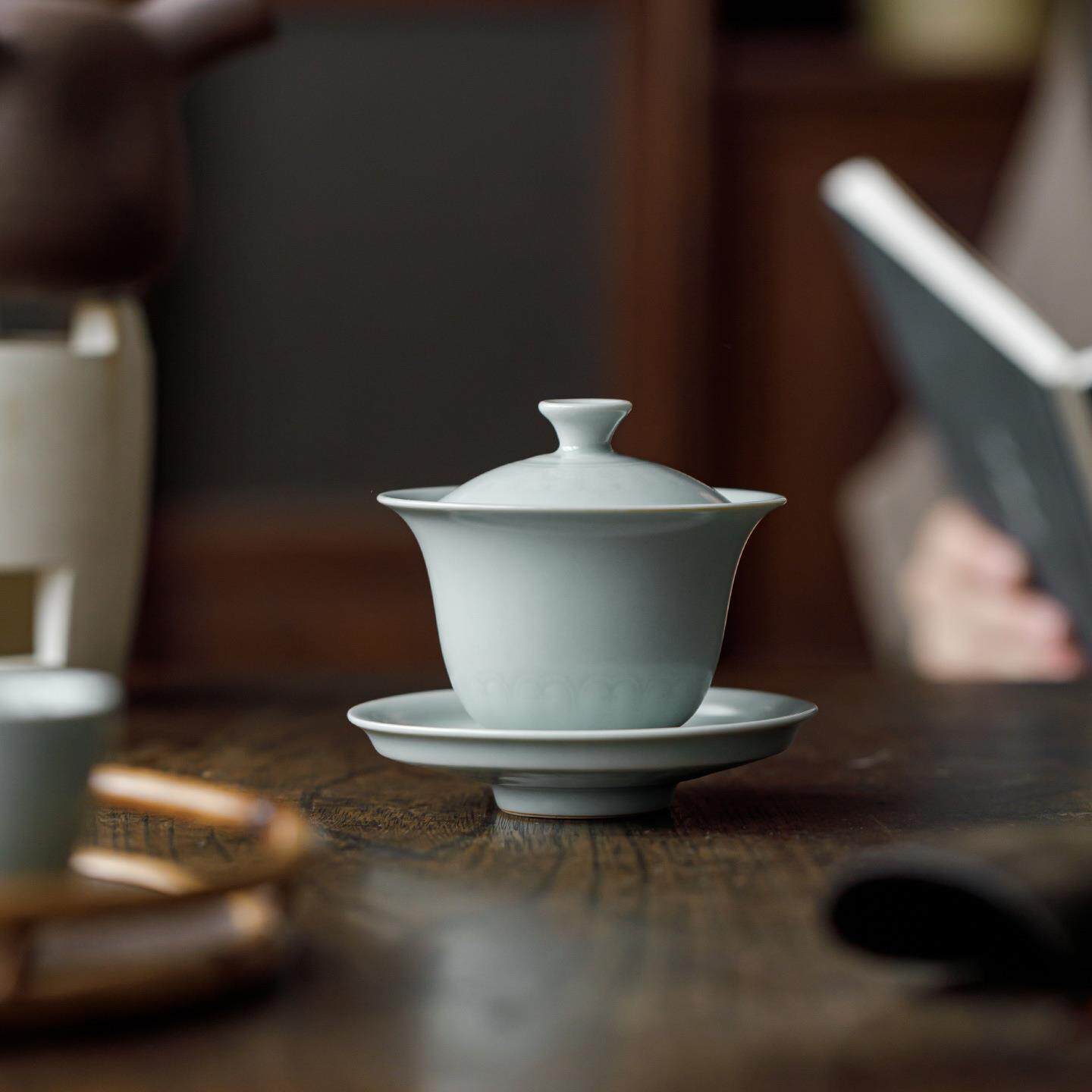 观岚天青色汝窑三才盖碗茶杯高档陶瓷泡茶碗不烫手茶碗汝瓷茶具
