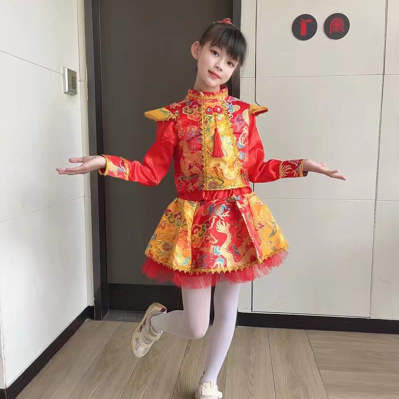 正品儿童中国红色节日风说格击鼓幼儿歌服装秧和女孩太平鼓民族舞图片