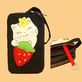 韩版可爱刺绣猫三层拉链手拿包大容量女士手工布艺手机包钥匙包