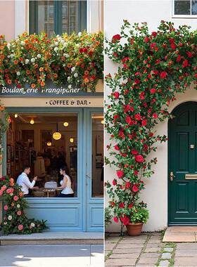 ?缠玫瑰藤条瀑布打卡管网饰红花墙门头装饰Fh(x}$%p造景道遮挡绕