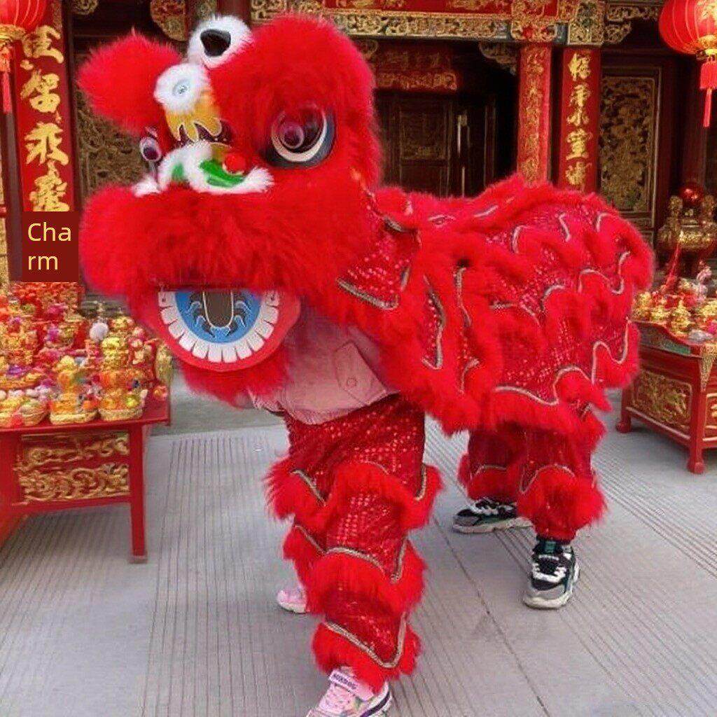 中秋舞狮道具儿童狮子头高级羊毛狮子头学生表演舞狮裤全套