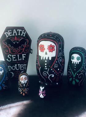 万圣节骷髅套娃小棺材手绘个性礼物摆件纹身店生日