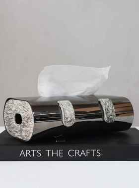 现代轻奢枪色不锈钢马毛纸巾盒样板间餐厅茶几桌面创意抽纸盒酒店