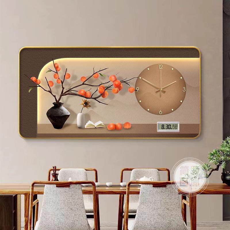 新中式餐厅钟表装饰画柿柿如意餐桌万年历挂钟画静音时钟客厅挂画
