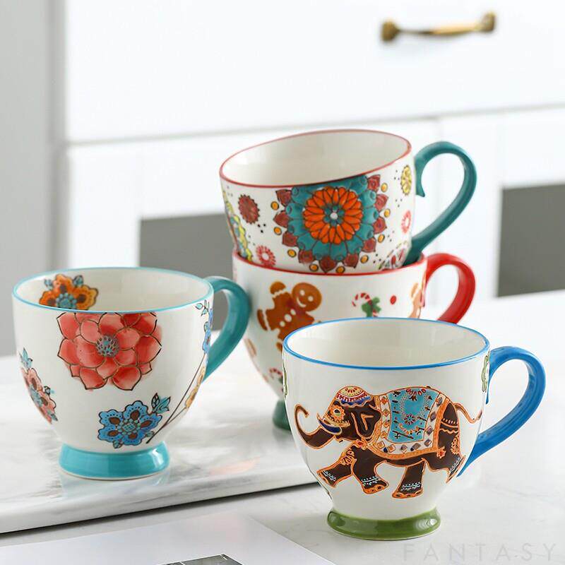 欧式大容量大号早餐杯燕麦杯牛奶杯可微波马克杯釉下彩手绘杯带勺