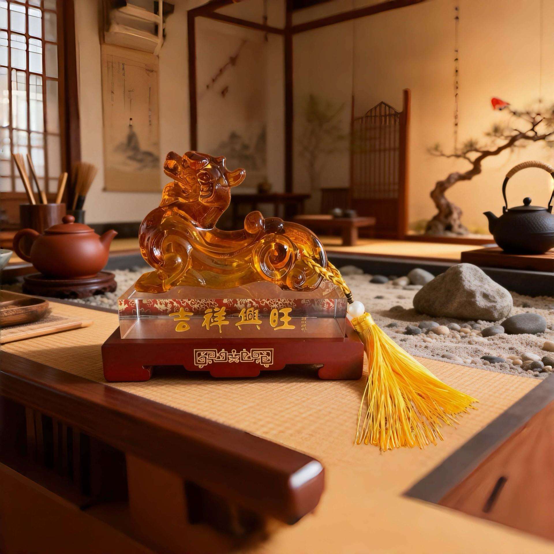 新款琉璃麒麟办公室摆件水晶工艺品琉璃客厅隔断装饰品水晶麒麟