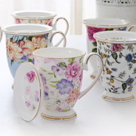 欧式唐山骨瓷咖啡杯陶瓷，带盖马克杯水杯茶杯，北欧创意杯子女家用杯