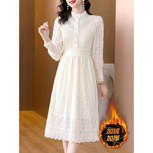 秋冬季蕾丝加绒加厚保暖打底连衣裙女士新款冬天配大衣的内搭裙子