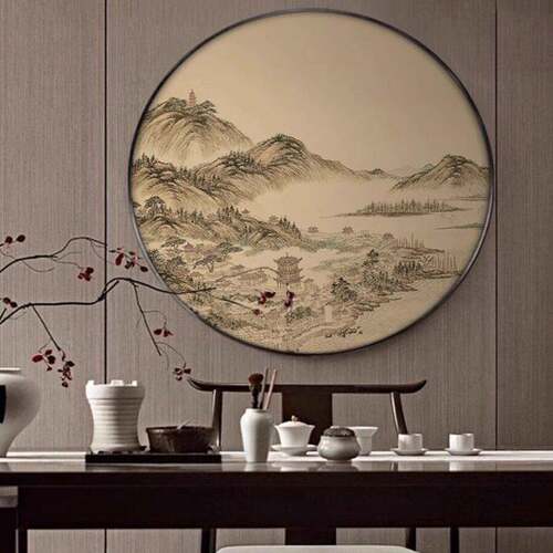 新中式酒店大堂圆山形挂画客厅茶室玄廊UFF壁画国关风水走楼阁装