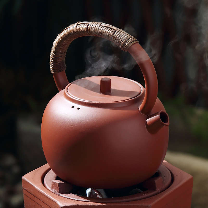 潮州朱泥陶壶粗陶煮茶壶 手工紫砂烧水壶提梁砂铫壶 电陶炉专用