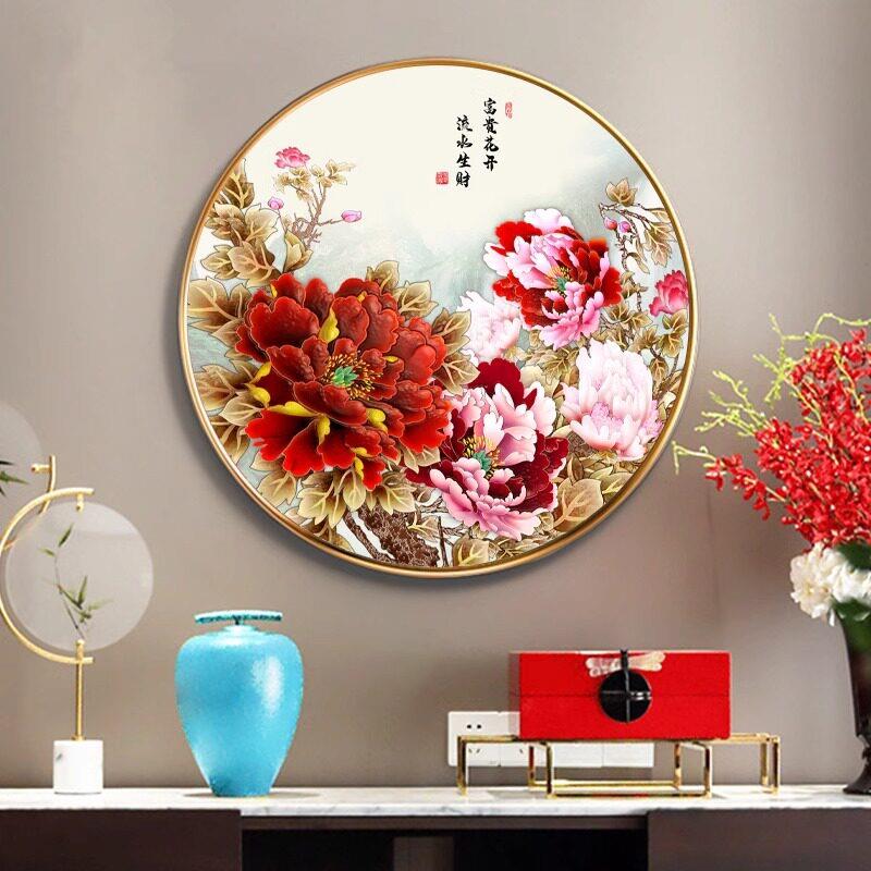 新中国风客厅装饰画入口牡丹花餐厅挂画轻奢现代沙发墙画圆形壁画