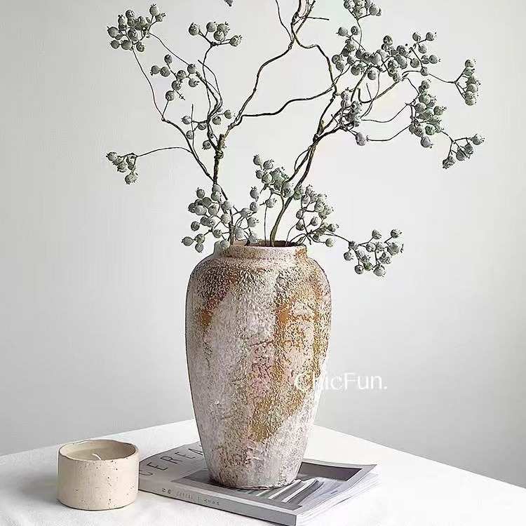 花瓶摆件客厅插花陶瓷粗陶侘寂风 干花复古新中式陶土陶罐批发