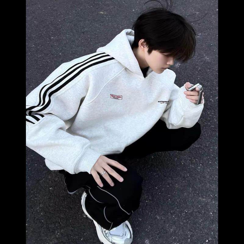 白花灰三条杠重磅质感卫衣男春秋美式潮牌高级感痞帅宽松连帽外套