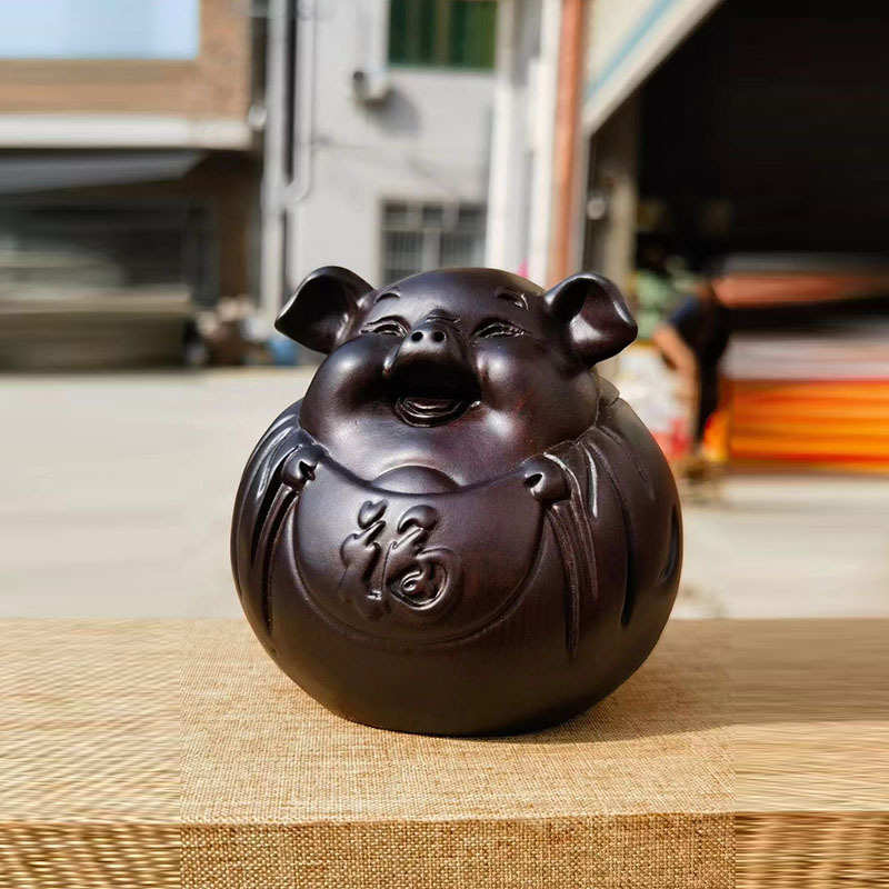 黑檀木雕圆猪摆件实木质生肖猪手把件家居客厅生日装饰红木工艺品
