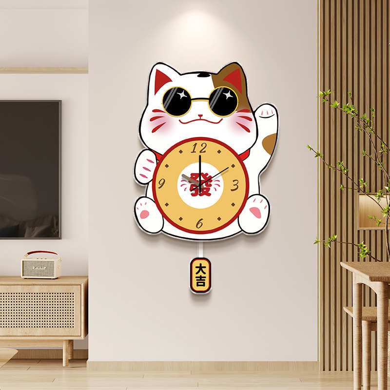 招财猫钟表挂钟客厅电视背景墙家用装饰画现代创意可摇摆餐厅时钟图片