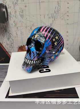 创意炫彩骷髅头骨头家居用品树脂摆件工艺品水转印办公室装饰批发
