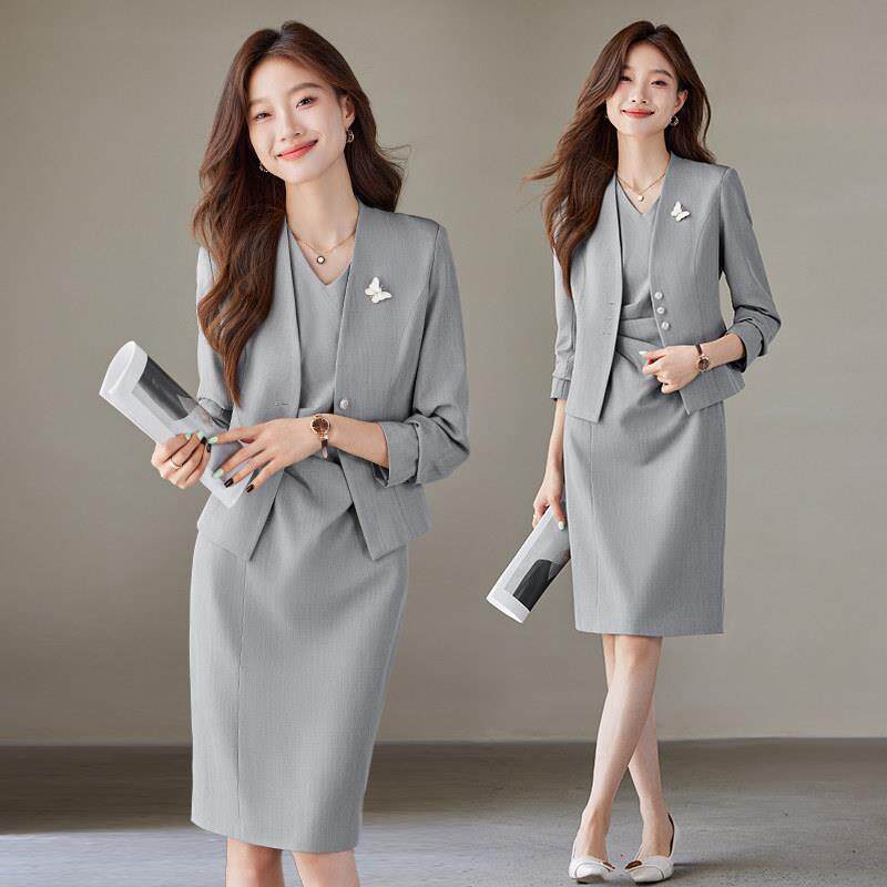 西装外套女士春秋新款气质通勤播音主持人职业套装配连衣裙两件套