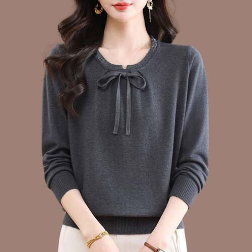 中年妈妈春秋新款圆领针织打底衫上衣女宽松洋气时尚薄款长袖T恤