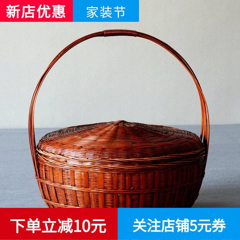 复古色拜神篮竹编提篮带盖子特大号手提竹篮家用竹制品收纳竹箩筐