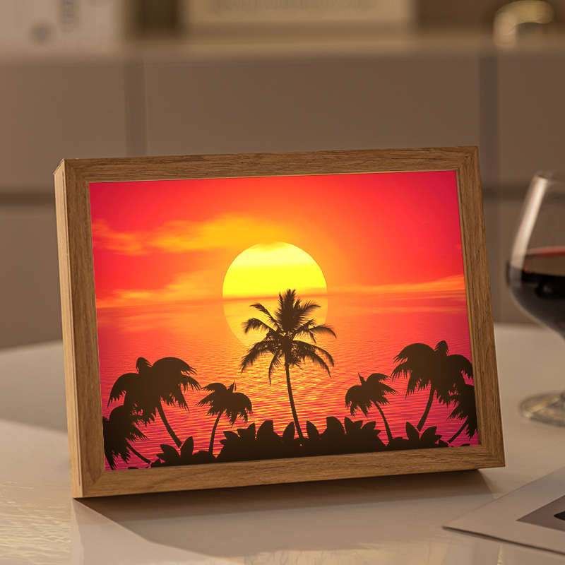 椰树灯光画海边风景夕阳晚霞椰子树装饰画海滩氛围日落相框开灯画图片