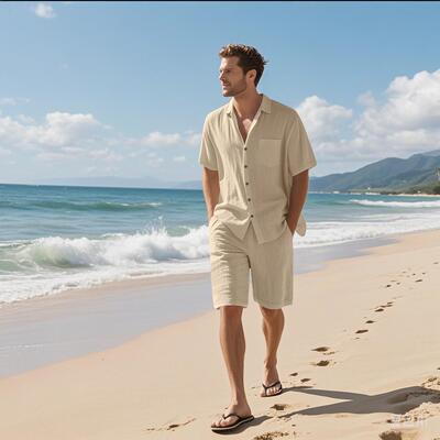 Men Summer Casual Linen Sportswear Set Fitting Shirt Shorts