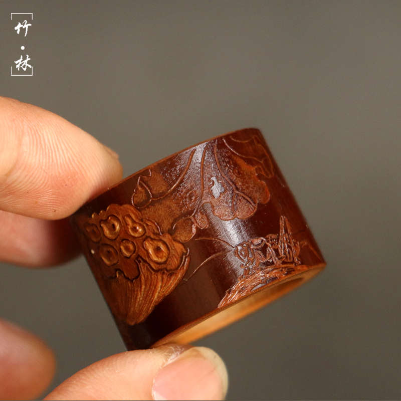 精品纯手工雕刻莲蓬老煤竹扳指文玩竹雕指环男款竹制小盖置手把件