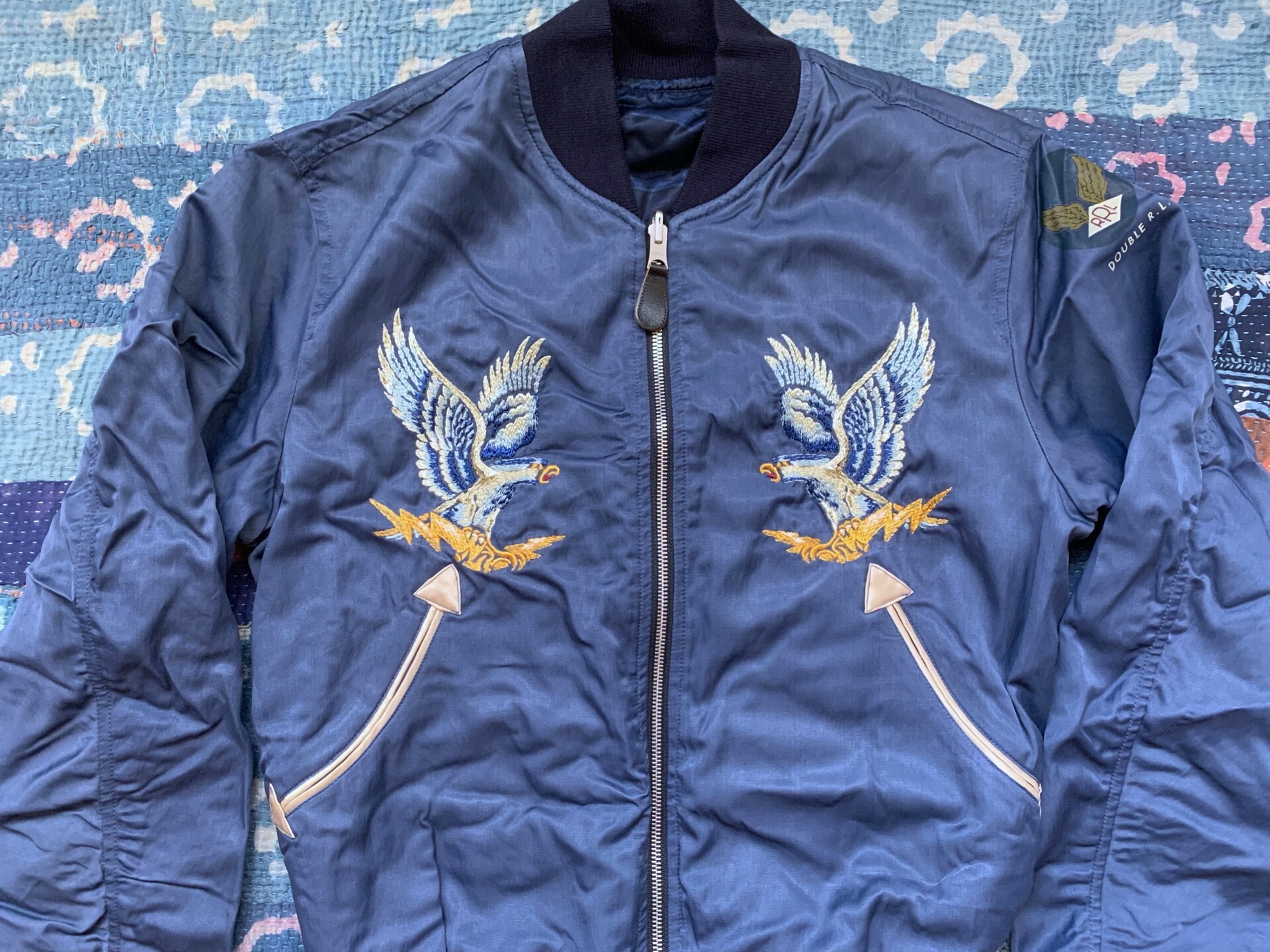 RRL Blue Eagle Embroidery Bomber Jacket — detail