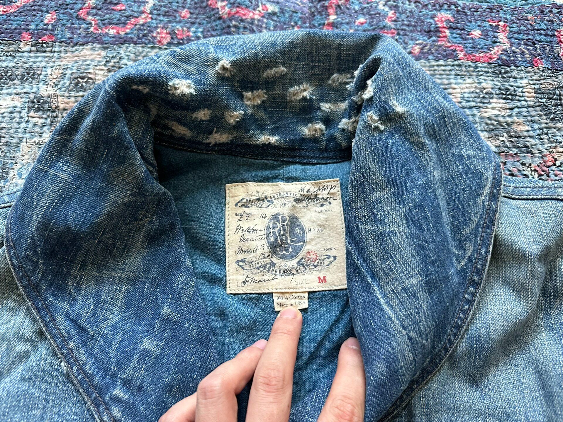 Berluti Distressed Denim Double-Breasted Coat — label