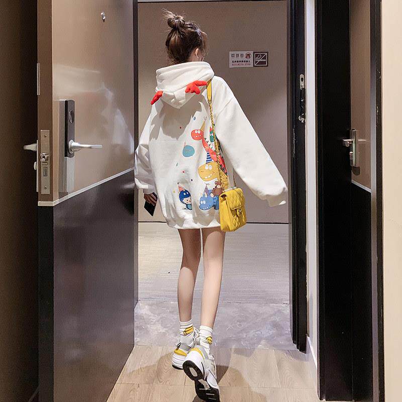 卫衣女春秋2025年新款加绒加厚韩版宽松中长款洋气卡通连帽上衣潮