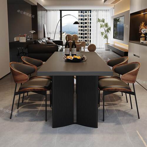 黑色岩板餐桌子覆古风2024年新款简约现代意式极简长方形下挂饭桌
