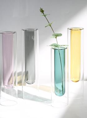 ins北欧双层彩色玻璃花瓶创意透明试管花器个性花艺百搭家居摆件